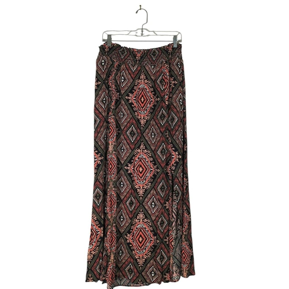 Maurices Maxi Skirt Women's 0X Pink Black Boho Diamond Print Elastic Waist Slits